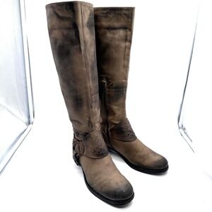 Vince Camuto Moto Shaylee Brown Riding Distressed Quiet Luxury Leather Boots 7.5